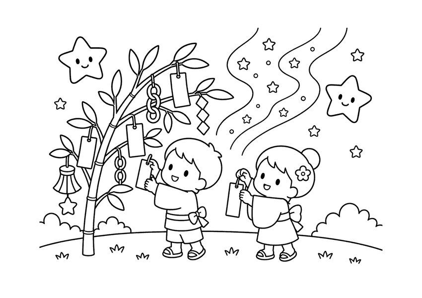 七夕のぬりえイラスト