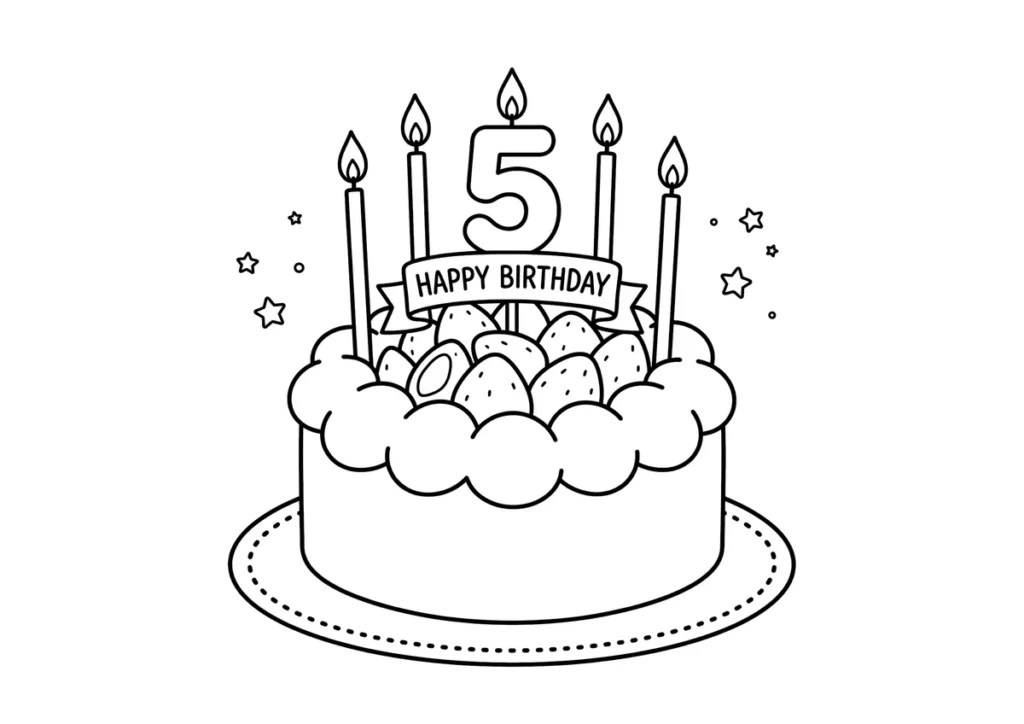 5歳の誕生日ケーキの塗り絵