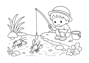 ザリガニ釣りの塗り絵