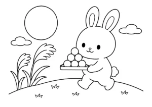 お月見団子を運ぶうさぎの塗り絵