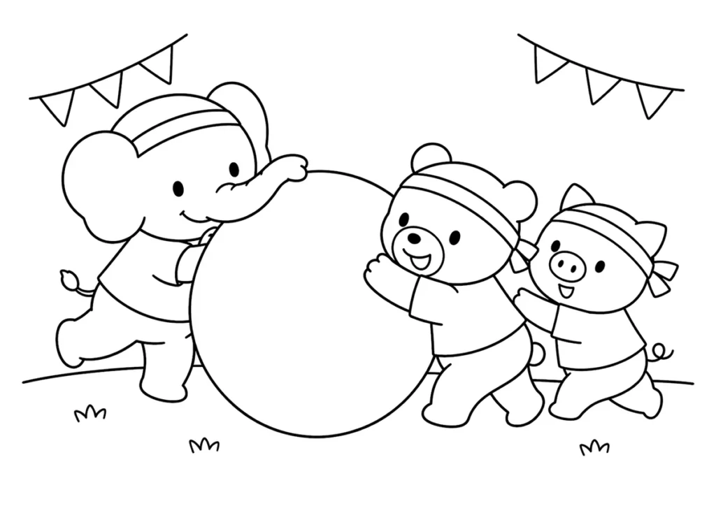 どうぶつたちの大玉転がしの塗り絵