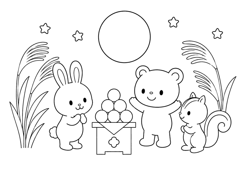 動物たちのお月見の塗り絵