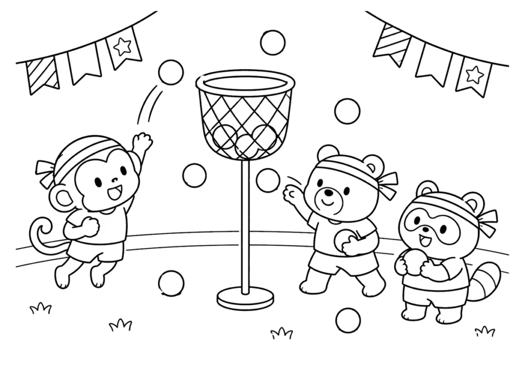 どうぶつたちの玉入れの塗り絵