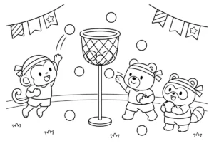 どうぶつたちの玉入れの塗り絵