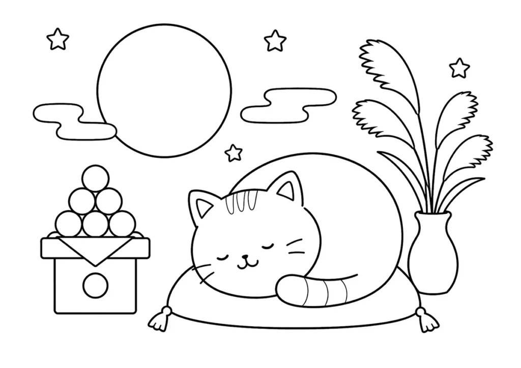 猫ちゃんのお月見の塗り絵