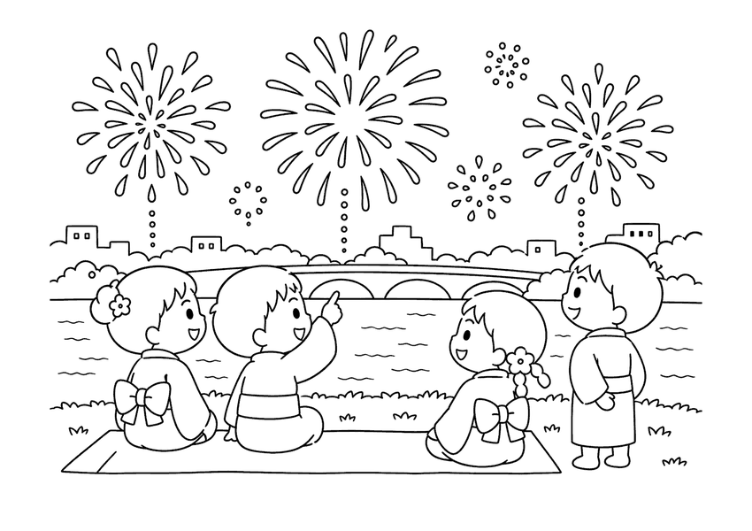 河川敷の花火大会の塗り絵