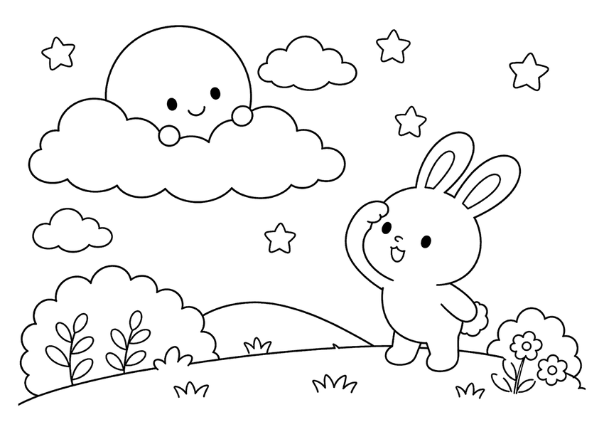 月とうさぎのかくれんぼの塗り絵