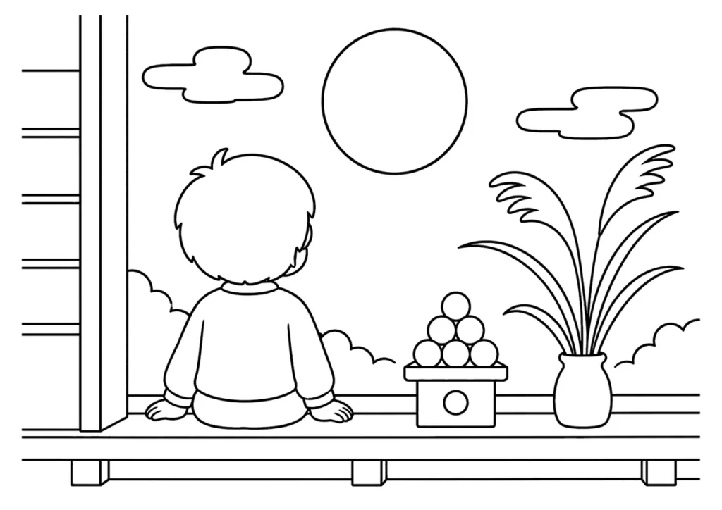 縁側でお月見をする子どもの塗り絵
