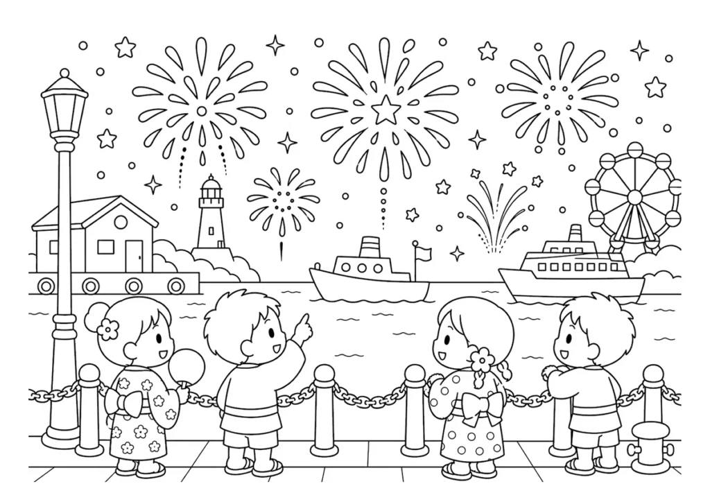 港の花火大会の塗り絵