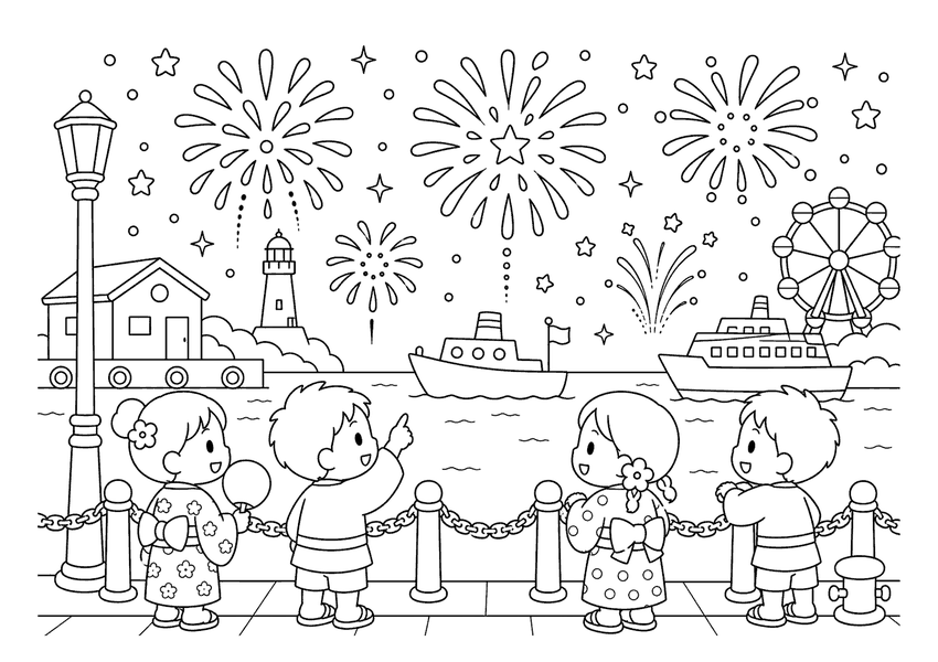 港の花火大会の塗り絵