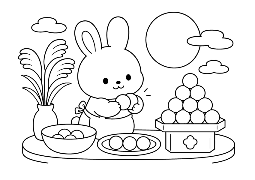 うさぎのお月見準備の塗り絵