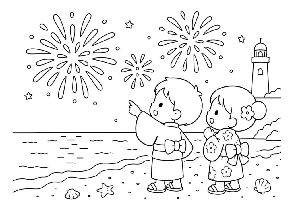 海辺の花火大会の塗り絵