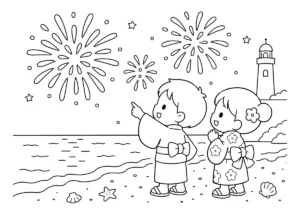 海辺の花火大会の塗り絵