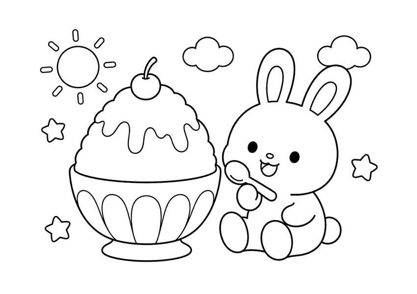 かき氷を楽しむうさぎの塗り絵