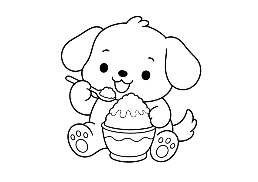 かき氷を楽しむ犬の塗り絵