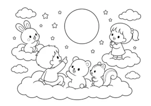 雲に乗ってお月見の塗り絵