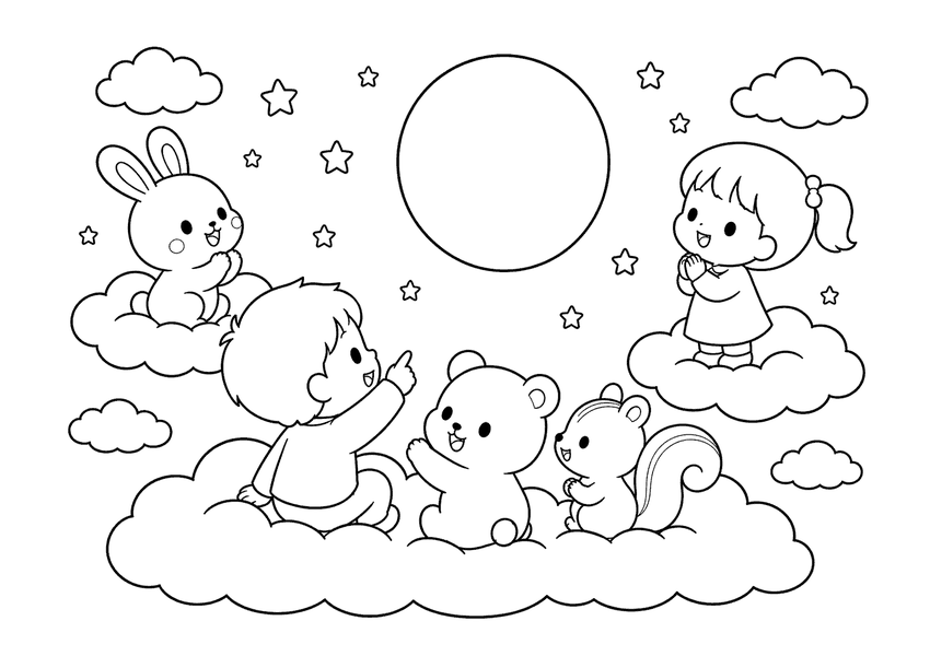 雲に乗ってお月見の塗り絵