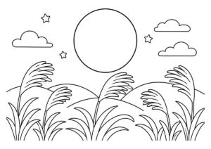 すすき野原と大きな月の塗り絵