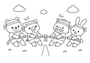 どうぶつたちの綱引きの塗り絵