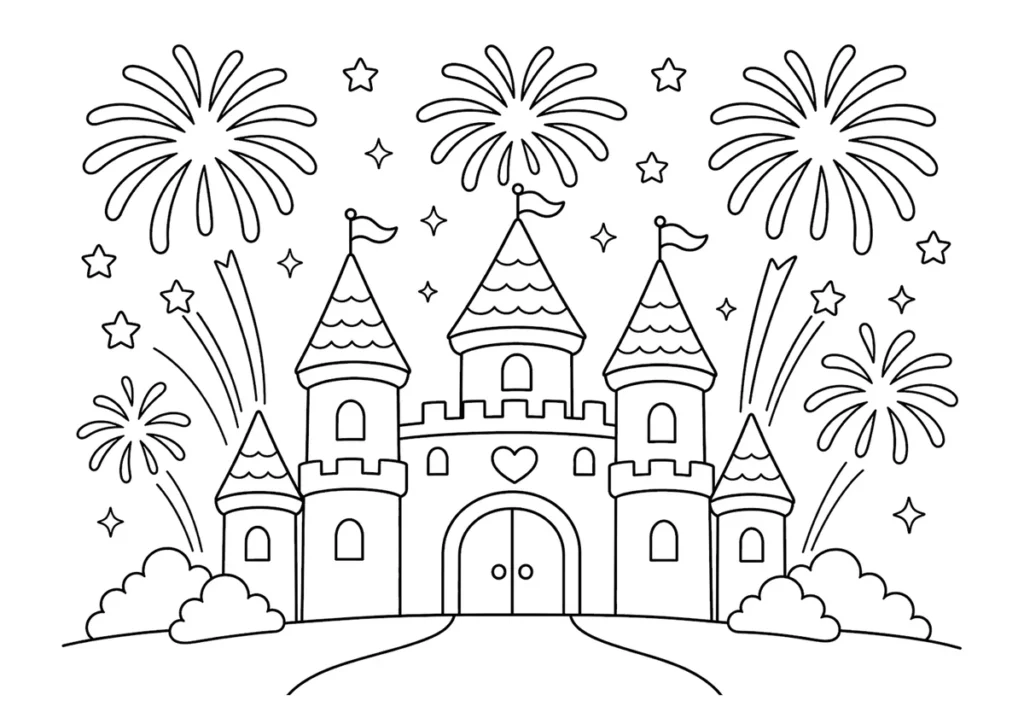お城から打ち上がる花火の塗り絵