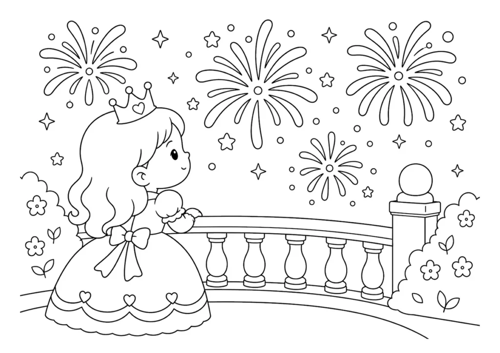 花火を眺めるプリンセスの塗り絵