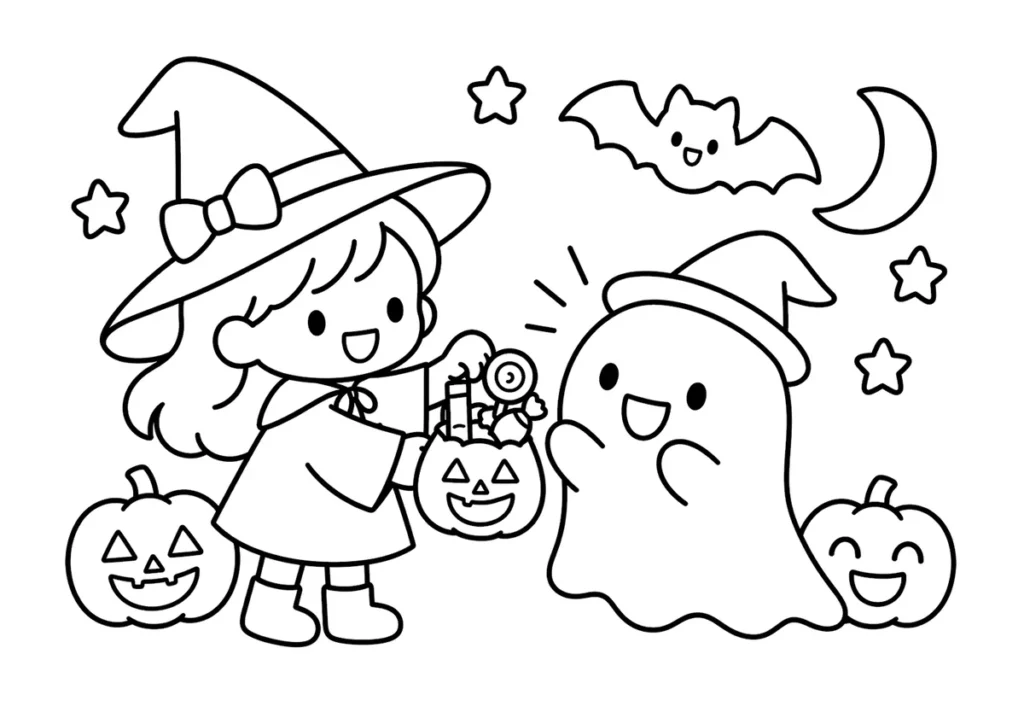 お菓子をもらうおばけの塗り絵