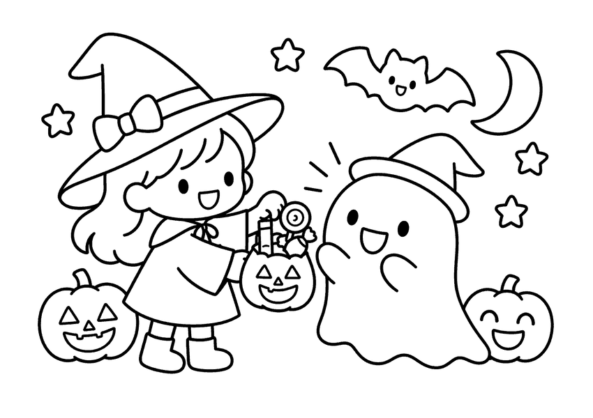 お菓子をもらうおばけの塗り絵