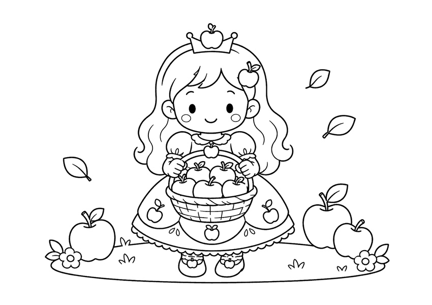りんごのかごを持つプリンセスの塗り絵