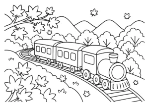 紅葉の山道を走る電車の塗り絵