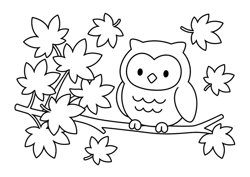紅葉とフクロウの塗り絵