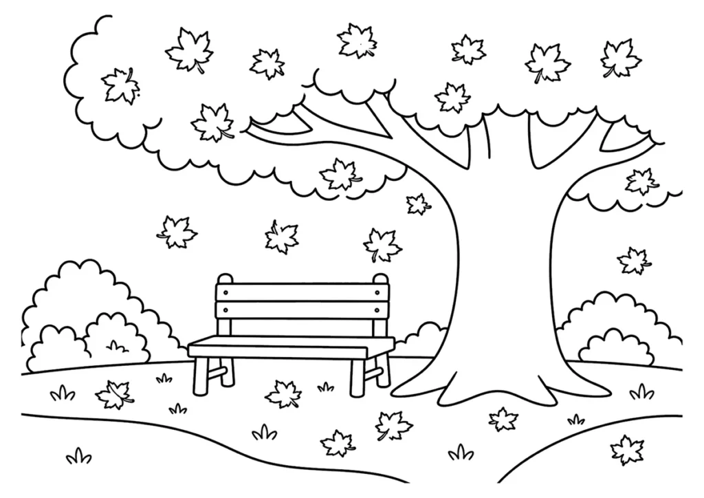 紅葉とベンチの塗り絵