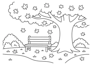 紅葉とベンチの塗り絵
