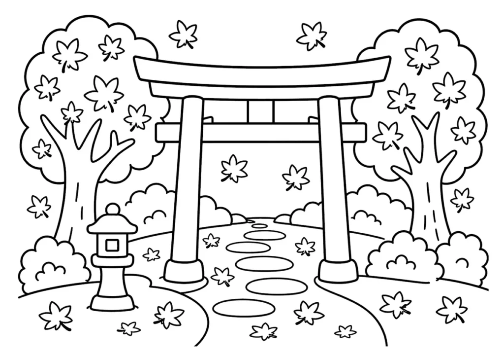 紅葉と鳥居の塗り絵