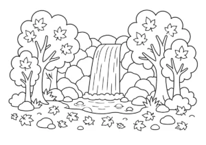 紅葉と滝の塗り絵