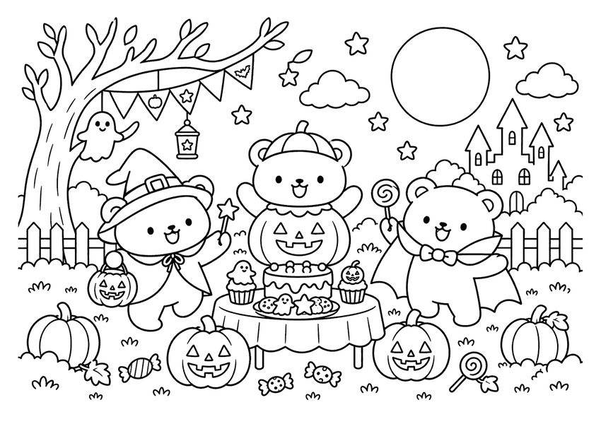 くまのハロウィンパーティーの塗り絵