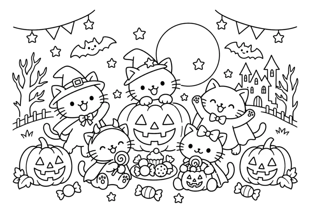 猫のハロウィンパーティーの塗り絵