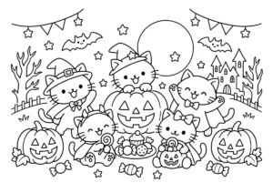 猫のハロウィンパーティーの塗り絵