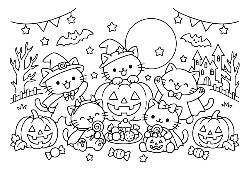 猫のハロウィンパーティーの塗り絵