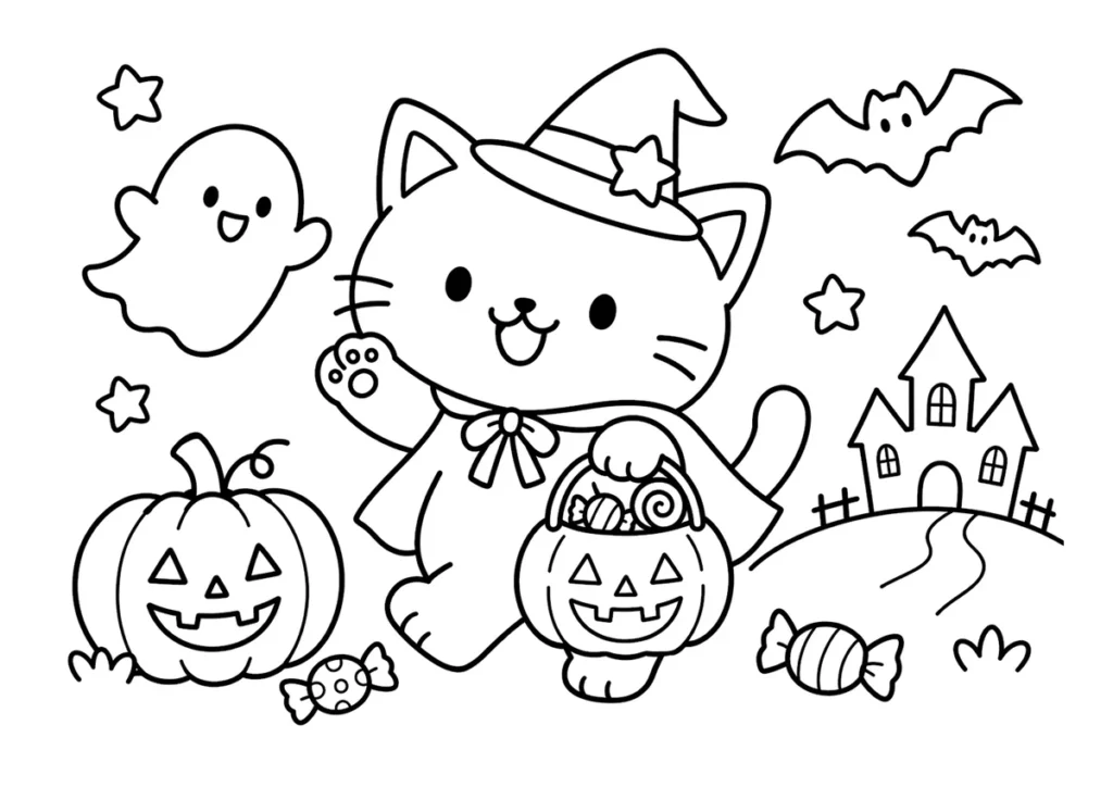 ねこのトリックオアトリートの塗り絵