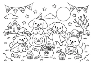 犬のハロウィンパーティーの塗り絵