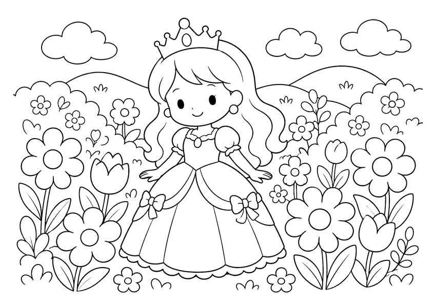 お花畑とプリンセスの塗り絵