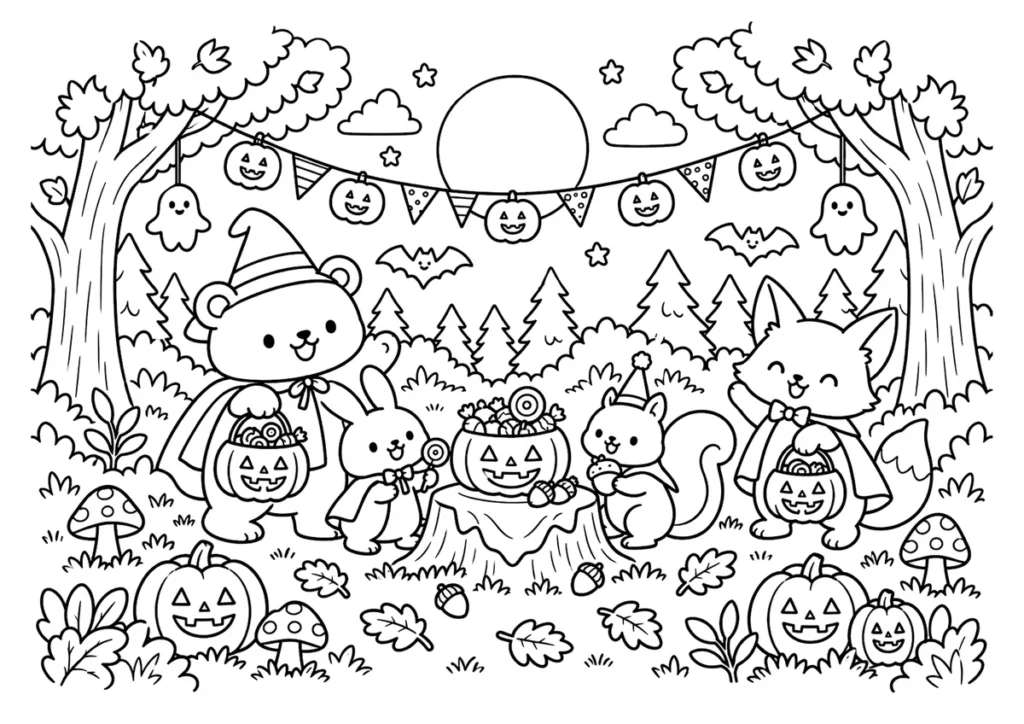 森のハロウィンパーティーの塗り絵