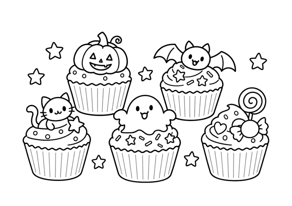 ハロウィンカップケーキの塗り絵
