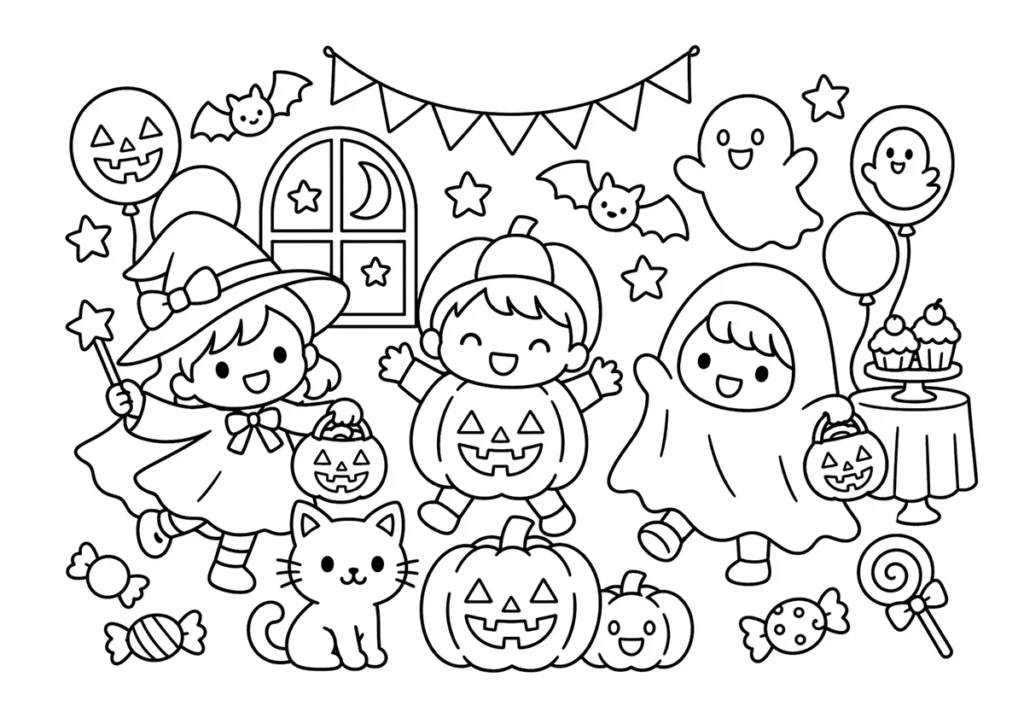ハロウィンパーティーの塗り絵