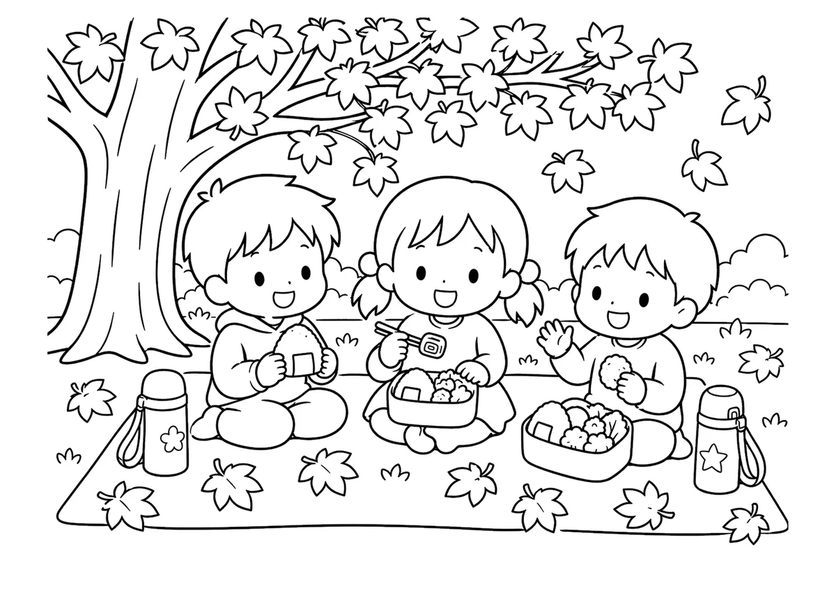 秋の遠足の塗り絵