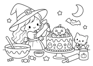 魔女のハロウィンケーキ作りの塗り絵