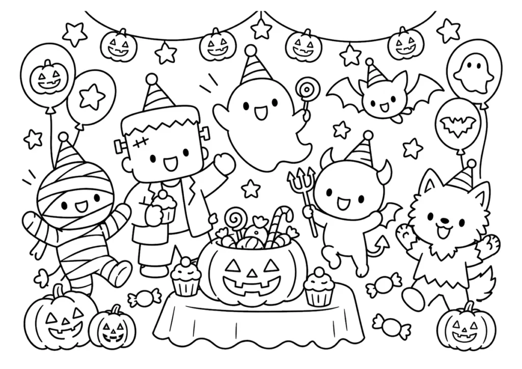 モンスターのハロウィンパーティーの塗り絵