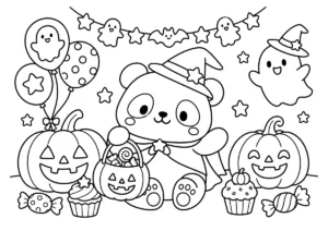 パンダのハロウィンパーティーの塗り絵