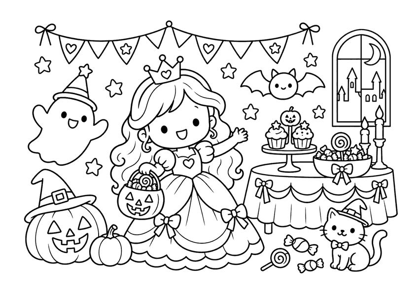プリンセスのハロウィンパーティーの塗り絵