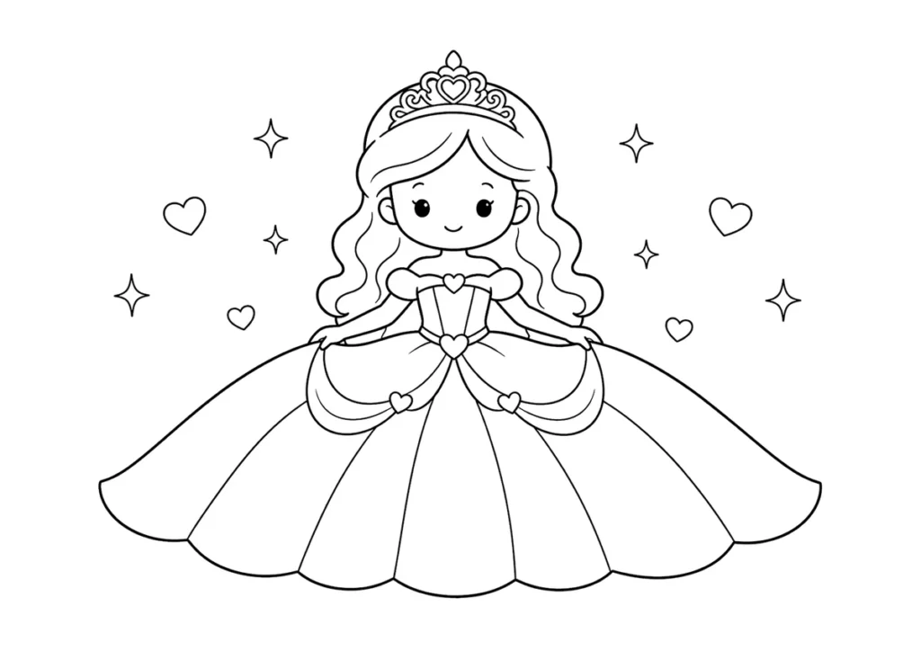 大きなドレスのプリンセスの塗り絵